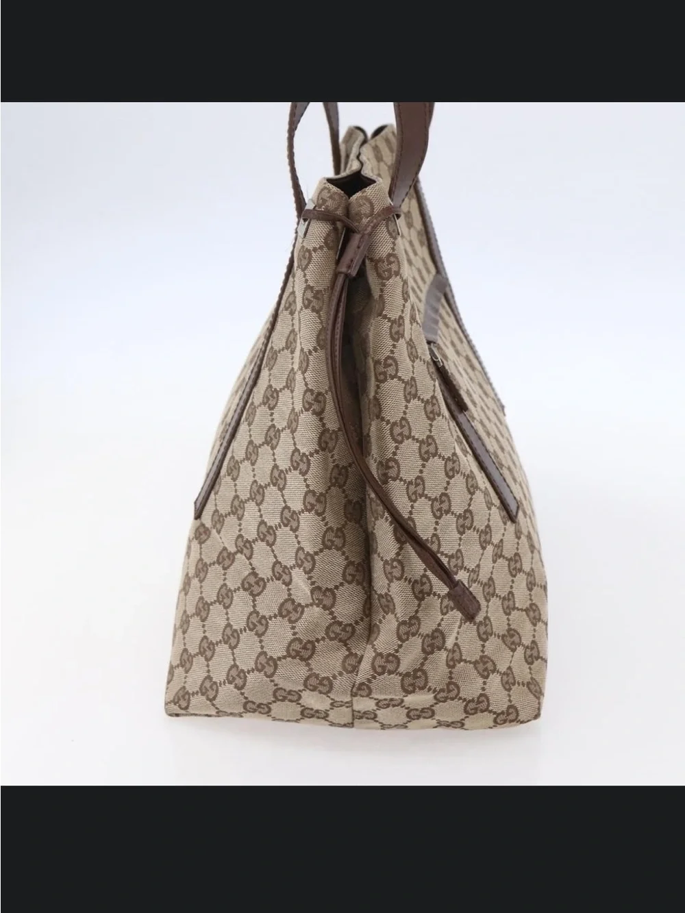 Gucci GG Canvas 019 0493 Beige Brown Leather Shoulder Tote Bag Authentic